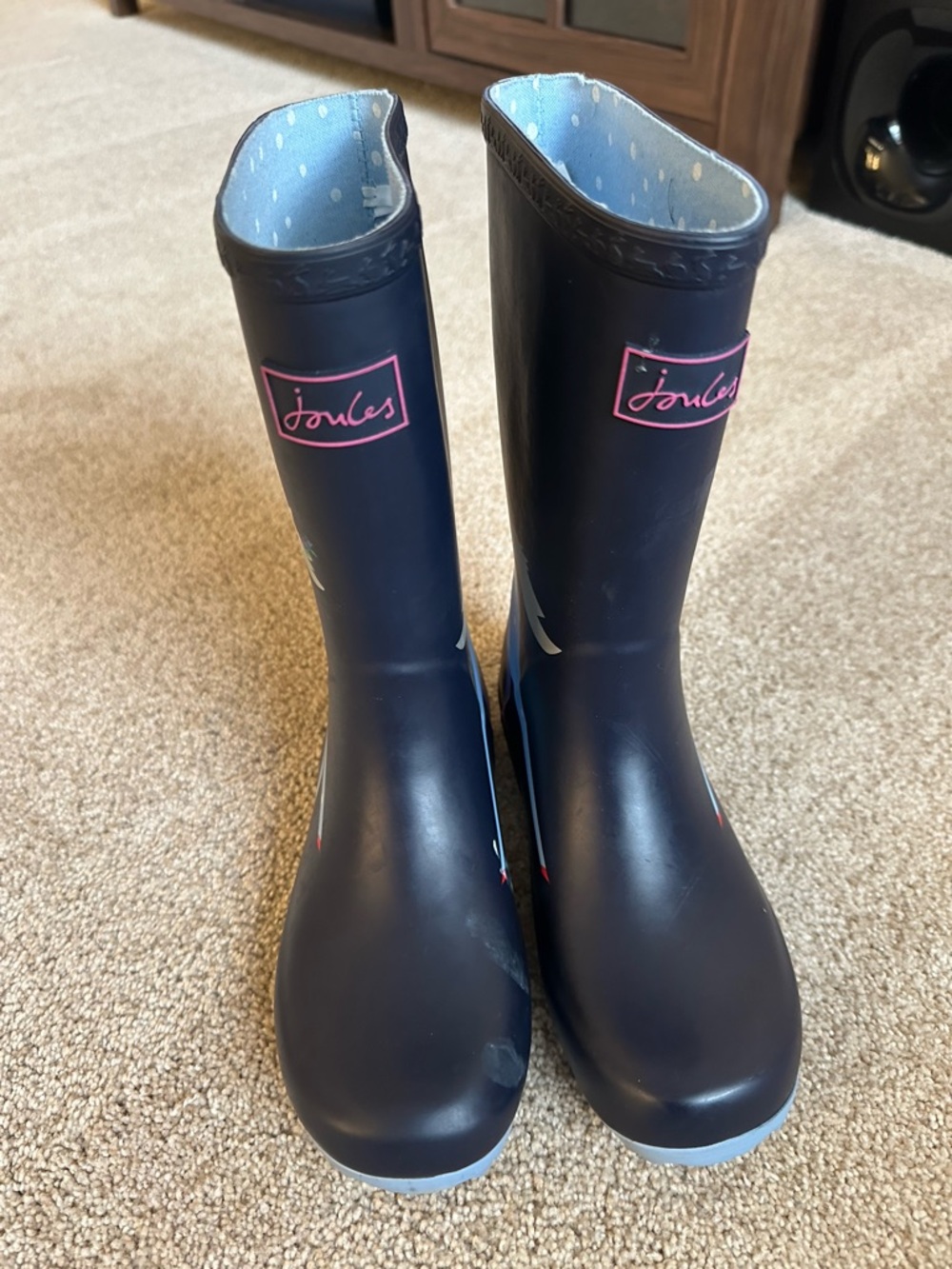 Joules Navy Unicorn Rain Boots with Polka Dot Lining - Picture 3 of 7